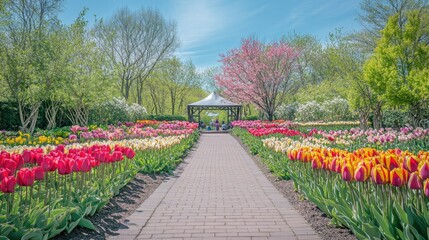 Vibrant Flower Garden Pathway with Gazebo Under Clear Blue Sky