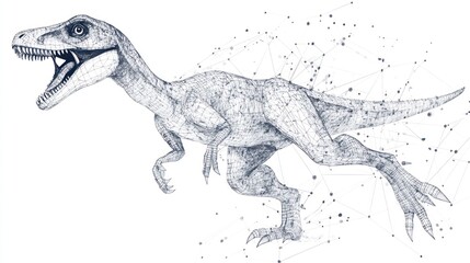 Fototapeta premium A detailed sketch of a running dinosaur composed of interconnected dots and lines against a white background.