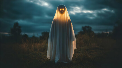 Ghostly Figure Stands in a Field Under a Dark and Cloudy Sky