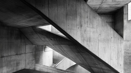 Fototapeta premium Abstract black and white photo of intersecting concrete stairs and beams.