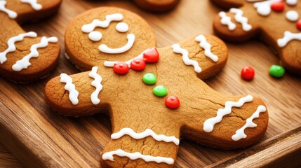 Fototapeta premium Delicious Gingerbread Cookie in Festive Shape with Decorative Icing and Colorful Candy Toppings on Wood Platter