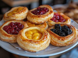Assortment of freshly baked fruit danish pastries with glazed toppings