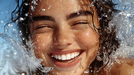 Woman laughs with eyes closed as water splashes on her face, enjoying summer fun.