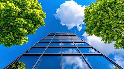 A photostock of an urban building with sleek glass architecture surrounded by green trees, representing modern design and sustainability. High Quality