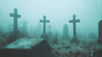 Misty cemetery with old gravestones and eerie atmosphere in the foggy morning light