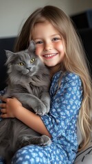 Young girl joyfully hugs her fluffy gray cat while smiling warmly in a cozy indoor setting during daytime