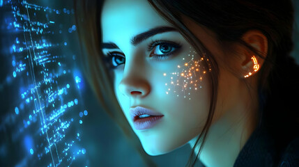 Woman Observes Futuristic Data Stream Display in Immersive Digital Environment.