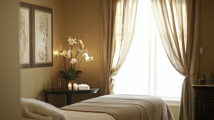 Tranquil spa treatment room with natural light and calming decor for relaxation and rejuvenation. Mocha Mousse trend color 2025