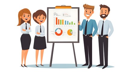 A group of people are standing in front of a white board with a graph on it. They are smiling and seem to be happy