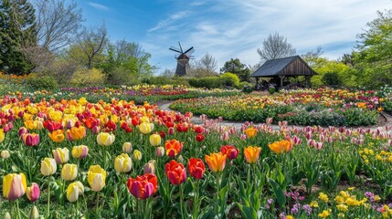 Colorful Tulip Garden with Windmill and Blue Sky in Springtime