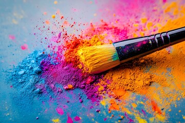 Fototapeta premium A bright range of colored powders in shades of blue, pink, orange and yellow, with a brush on top