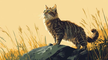 Obraz premium Elusive wild cat hiding among tall grass in a sunlit meadow, creating a vivid and dynamic wildlife background style book illustration