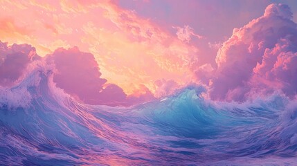 Pastel Paradise: Dreamlike Ocean Waves Under a Vibrant Sunset Sky