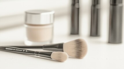 Close-up of makeup brushes and foundation.