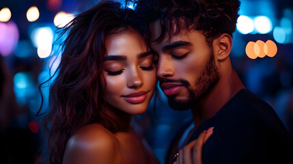 Couple shares intimate moment amidst vibrant, colorful lights beautifully at night.