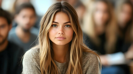 Young Woman with Long Blond Hair Poses Confidently Against a Blurred Background
