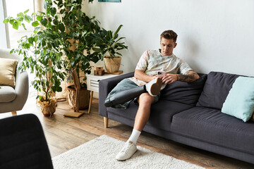 Fototapeta premium Young man relaxes at home, using smartphone while adjusting prosthetic leg
