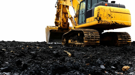 Yellow Excavator Digs into Dark Soil on a Construction Site Against White Background