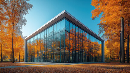 Fototapeta premium Modern glass building in autumn forest with vibrant foliage surrounding