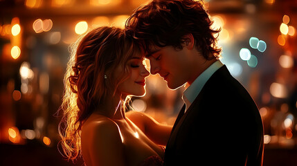 Romantic Couple Shares Intimate Moment Amidst Soft, Glowing Lights in Warm Embrace