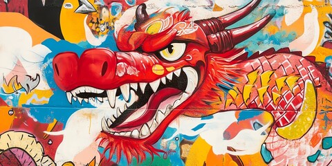 Vibrant graffiti artwork depicting a dragon's head.  Colorful scales and intense gaze. Perfect for fantasy, art, and mythical creature themes.