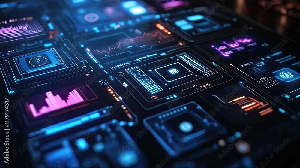 Poster futuristic digital interfaces with colorful data displays and graphs