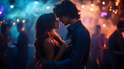 Couple embraces intimately amidst the vibrant, colorful lights and lively atmosphere of a nightclub party scene.