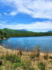 Mount Fuji and Lake Saiko in Fujikawaguchiko, Japan