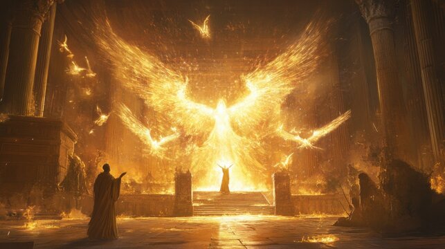 Isaiah receiving a vision of the Lord in the temple, with glowing seraphim flying around and filling the room with divine fire