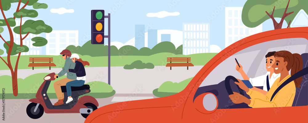 Wall mural Driving test. Woman student drives training car with instructor around city. Traffic rules examination. People obtaining drivers license. Automobile parking exam. Garish vector concept