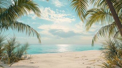 Obraz premium Tranquil Tropical Paradise: Idyllic Beach Scene with Palm Trees and Azure Ocean