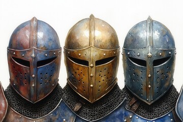 Naklejka premium A display of three intricately designed medieval helmets in varying colors and finishes.