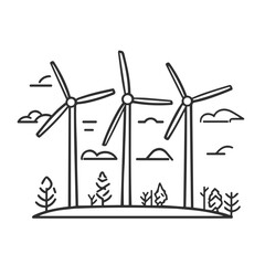 Illustration of wind turbines in a scenic landscape with trees on a white background