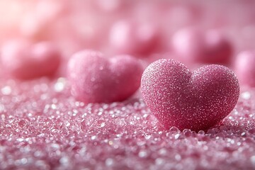 Obraz premium A Group of Pink Hearts on a Pink Surface with Glitter Happy Valentine Day