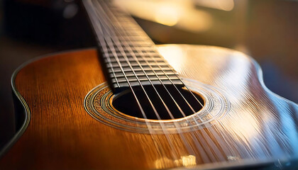 Fototapeta premium Close-up of a classic acoustic guitar, showcasing its rich wood grain and intricate detail. Warm lighting enhances the instrument's beauty, perfect for music, hobby, or lifestyle projects.