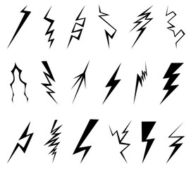 Black lightning bolt icons. Simple thunderbolt symbols. Electric strikes. Different zigzag shapes. Various designs flashes. Thunderstorm sky blasts. Silhouette power signs vector set