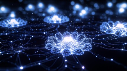 Glowing Network Nodes in Neon Blue and White Forming Intricate Web Representing Depth and Dynamic Interconnected System