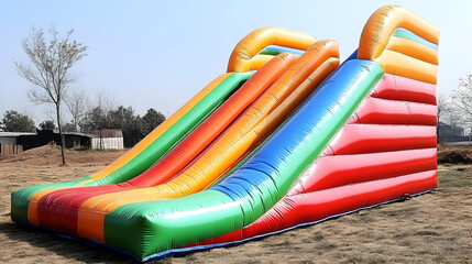 Colorful Inflatable Slide Stands Tall Outdoors, Ready for Fun and Playtime Excitement.