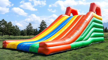 Colorful Inflatable Slide Stands Tall on Green Grass Under a Blue Sky with Fluffy White Clouds