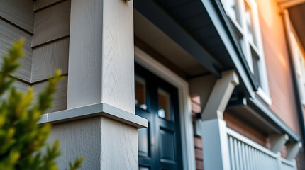 Close-up view of a light gray house exterior featuring a dark blue door, white trim, and a portion of a neighboring building.  The image emphasizes architectural details and siding.