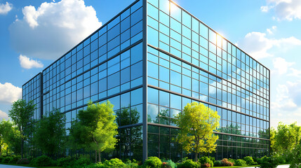 Modern Glass Office Building Stands Tall with Lush Green Landscaping in the Foreground