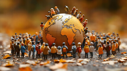 Miniature People Gather Around a Globe in Autumn, Symbolizing Global Community and Unity.