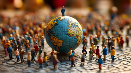 Miniature Figurine Stands Atop Globe, Symbolizing Global Unity and Diversity Amidst a Crowd