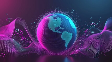 3D Stylized Globe With Pulsating Neon Waves in Bright Pink and Cyan Over Dark Gradient Backdrop Representing Energy and Technology