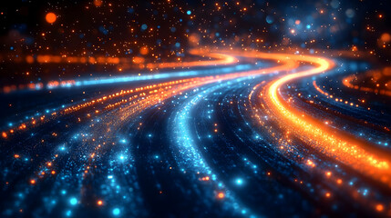 Abstract Light Trails Flowing with Energy on a Dark Background with Glittering Particles Dynamically