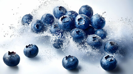 Fresh Blueberries Splashing in Water on a White Background, a Refreshing Image