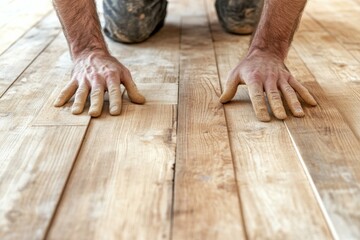 Hands arranging wooden planks for construction, bright spacious workshop, sawdust on floor, traditional and modern tools creating harmonious workspace