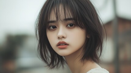 Naklejka premium Close-up portrait of a young woman with short, dark hair and bangs, looking directly at the camera.