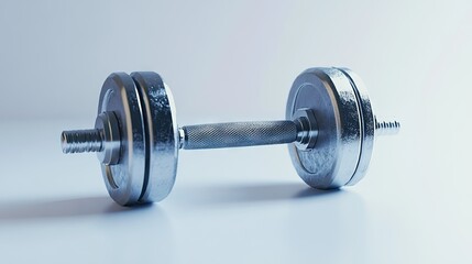 Naklejka premium A steel dumbbell resting on a pure white surface, the shine and details of the metal stand out against the clean backdrop.