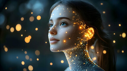 Portrait of a Girl with Glowing Particles on Her Skin in a Dark Background